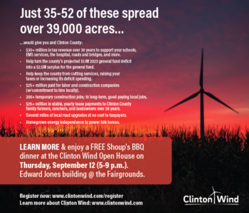 Renewable energy advertisement for Clinton Wind open house